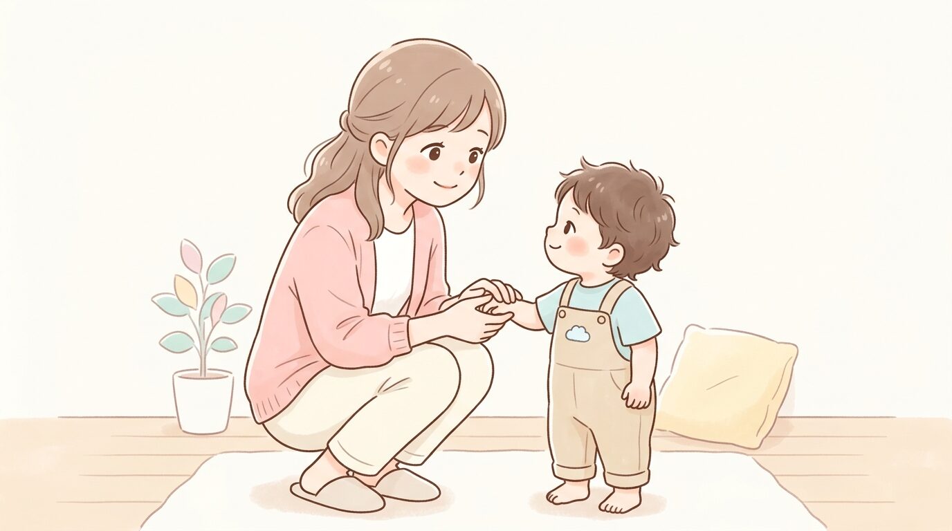 子どもの手をそっと優しく取り、目線を合わせて微笑む母親の様子