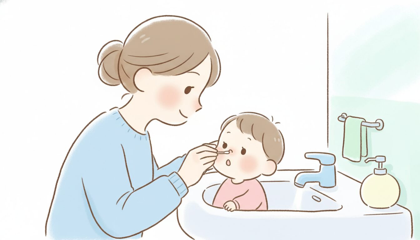 洗面所で子どもの鼻を優しく綿棒でケアする母親のクローズアップ