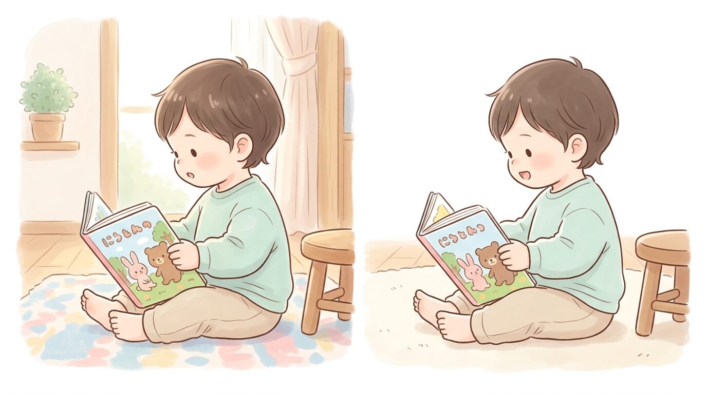 リビングで絵本を読んでいる途中に口が少し開いている2歳ぐらいの子どもの横顔、柔らかい自然光の中で
