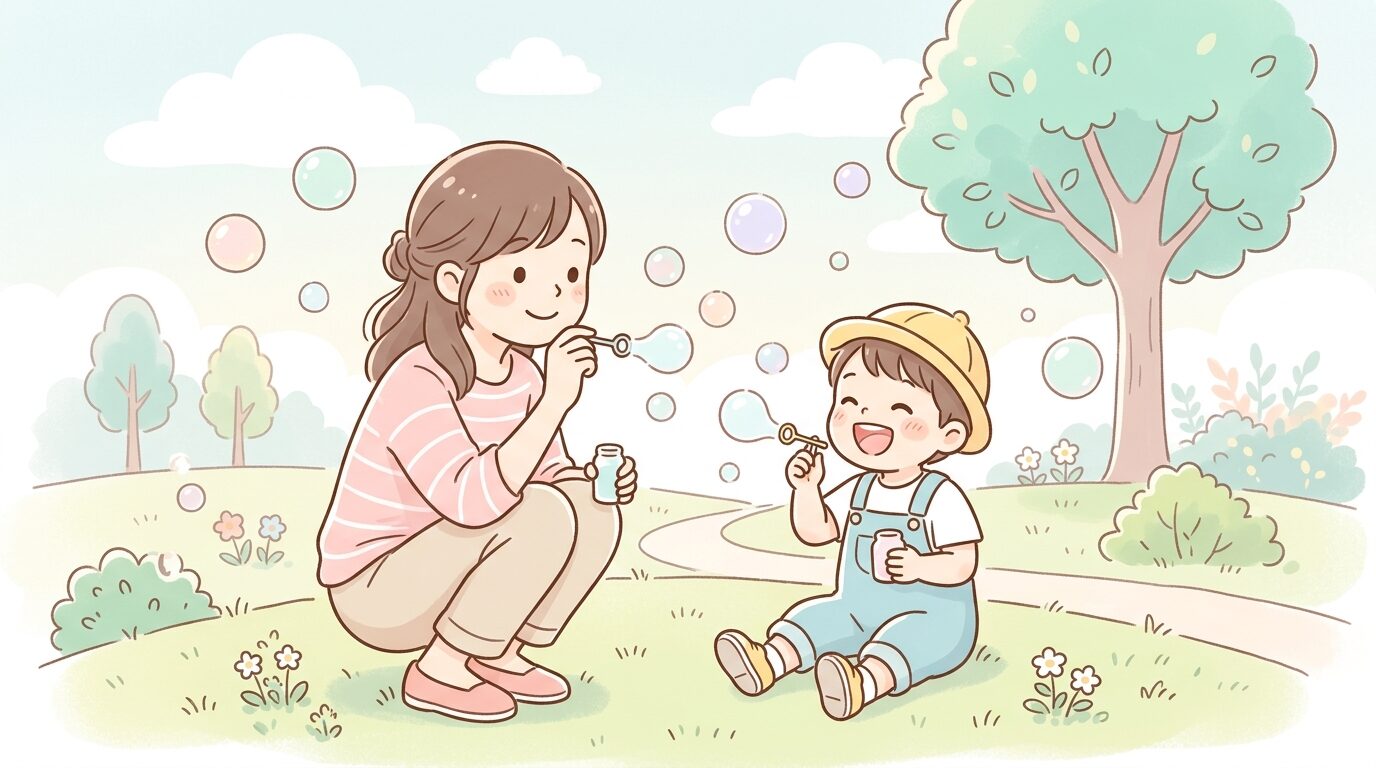 親子で向き合ってシャボン玉を吹いて遊んでいる公園の一場面、笑顔で楽しそうな雰囲気