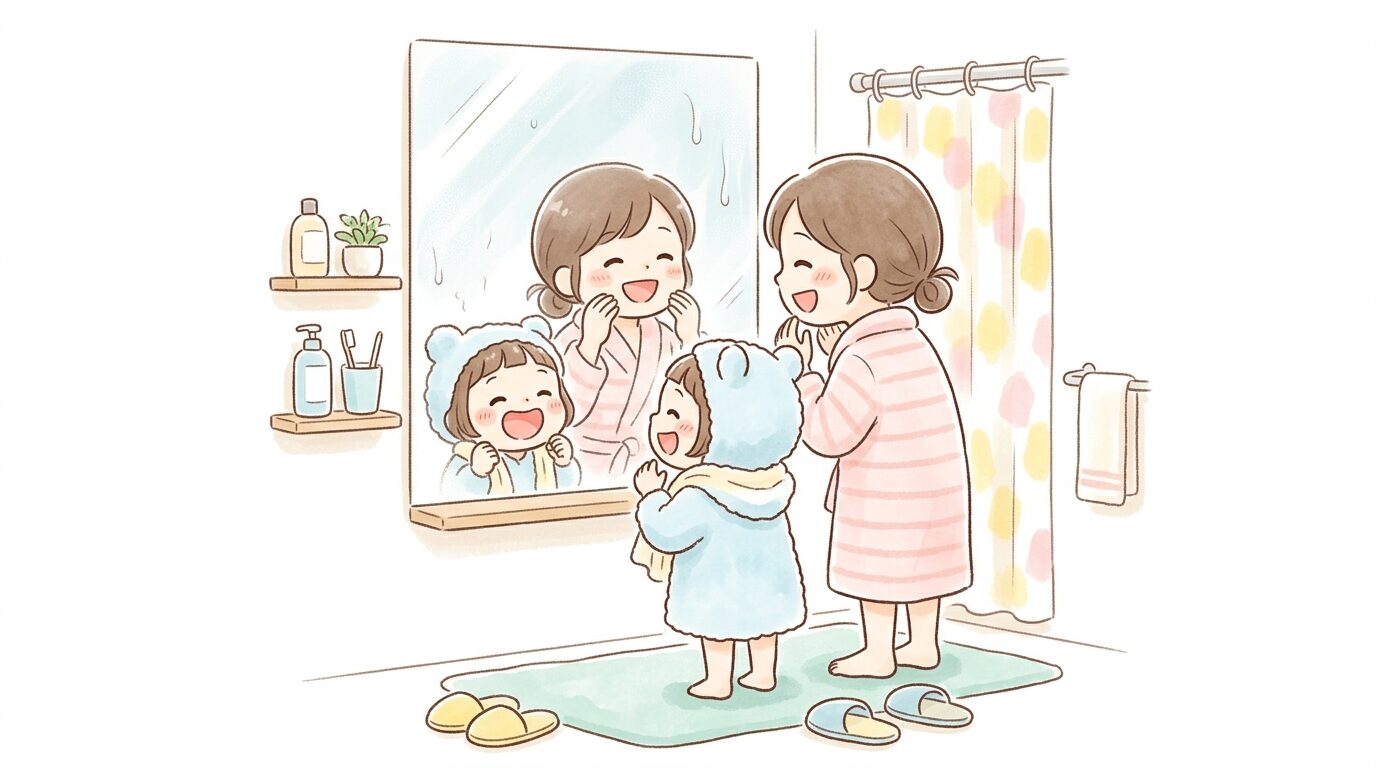 お風呂上がりに親子で鏡の前であいうべ体操をして笑い合っている様子、湯気で少し曇った鏡