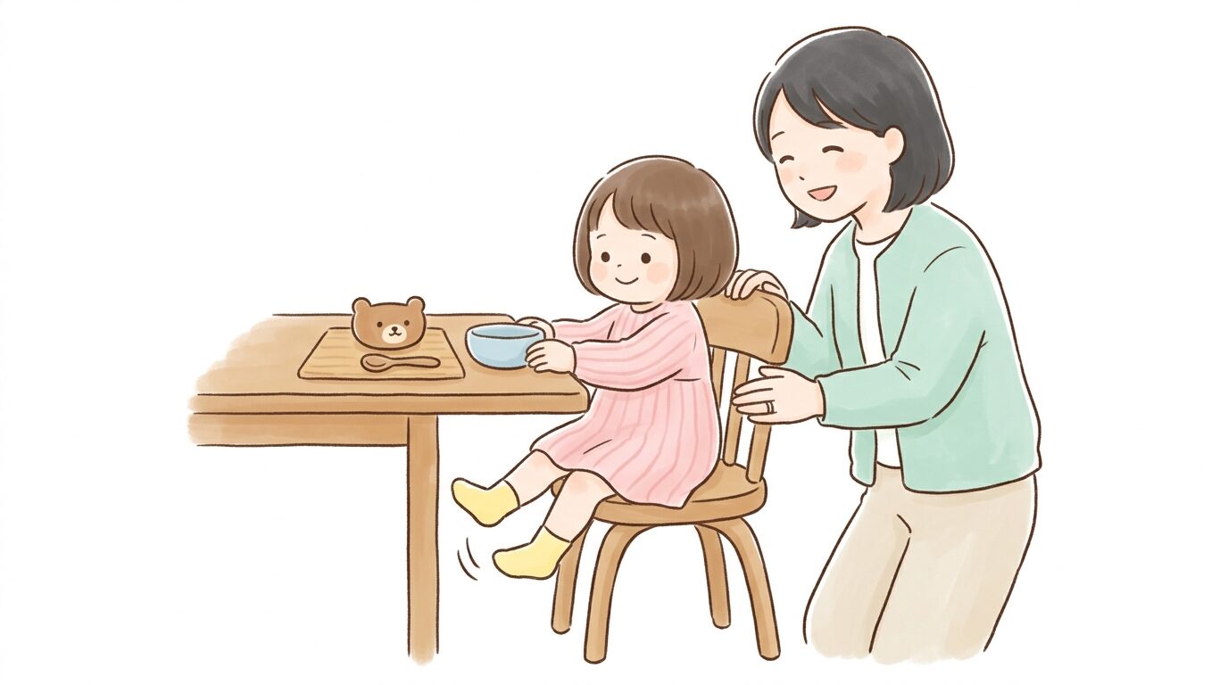 ダイニングチェアに座り足がぶらぶらしている幼児と、隣で見守る母親の温かい様子