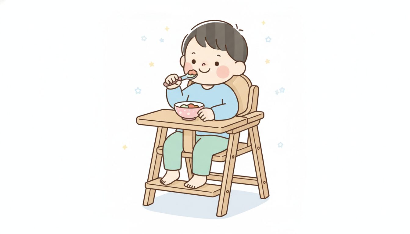足置き付きの木製ベビーチェアに正しい姿勢で座り、笑顔で食事をする1歳児