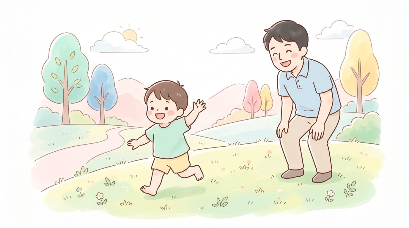 公園の芝生ではだしで元気に走り回る2歳の子どもと、笑顔で見守る父親
