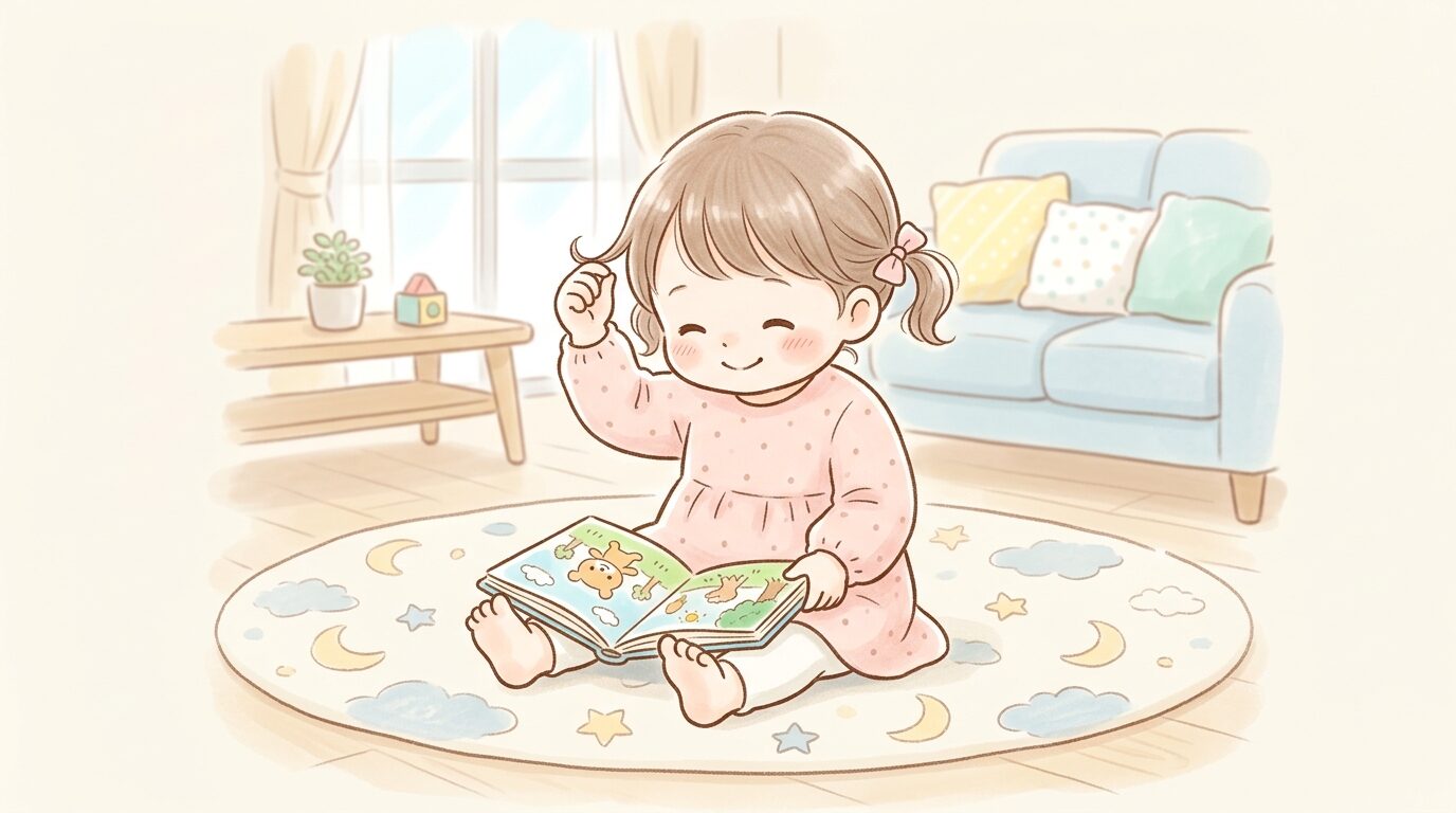 リビングのラグの上で絵本を読みながら無意識に自分の髪を触る1歳半くらいの女の子