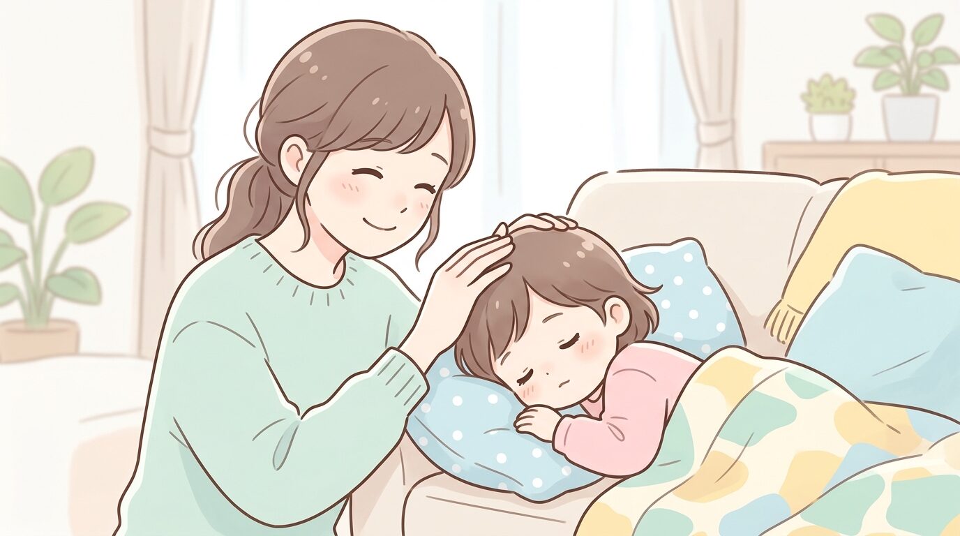 ソファでお昼寝前の子どもの頭をやさしく撫でる母親の穏やかな表情のアップ