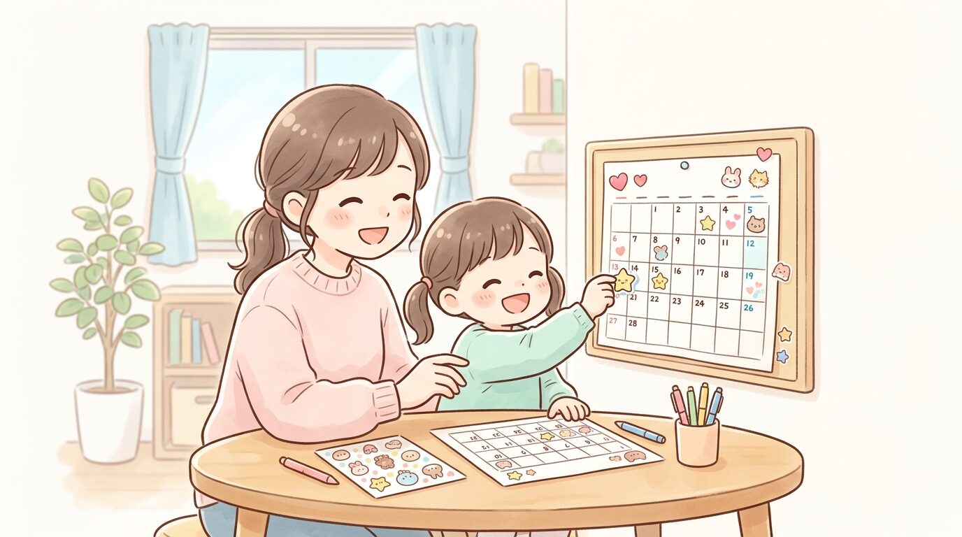 親子でカレンダーに可愛いシールを貼りながら笑い合う様子