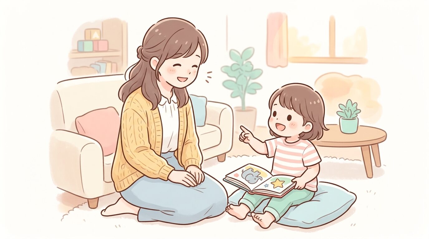 リビングで絵本を指さしながら楽しそうに話しかける2歳児と、笑顔でうなずく母親