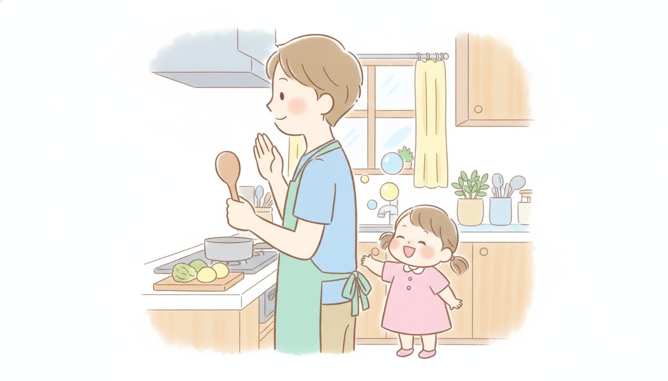 キッチンで料理をしながら振り返って子どもの話にうなずくエプロン姿の父親