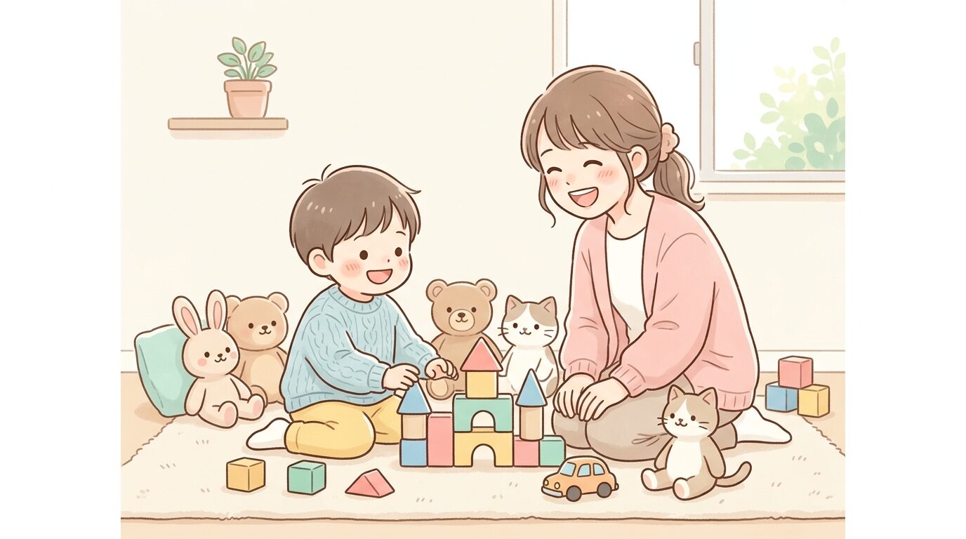 積み木やぬいぐるみを使ってごっこ遊びをする3歳児と一緒に笑う保護者