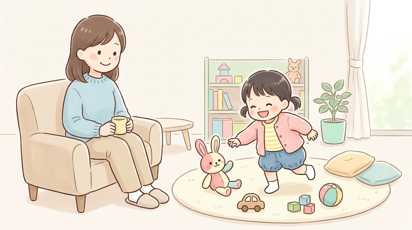 リビングで元気いっぱいに遊ぶ2歳の女の子と、それを優しく見守る母親の温かい様子