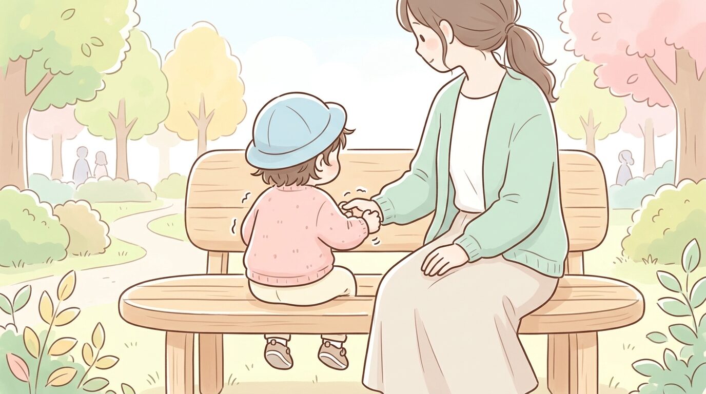 公園のベンチに座り、少し緊張した表情で母親の手をぎゅっと握る幼児の後ろ姿