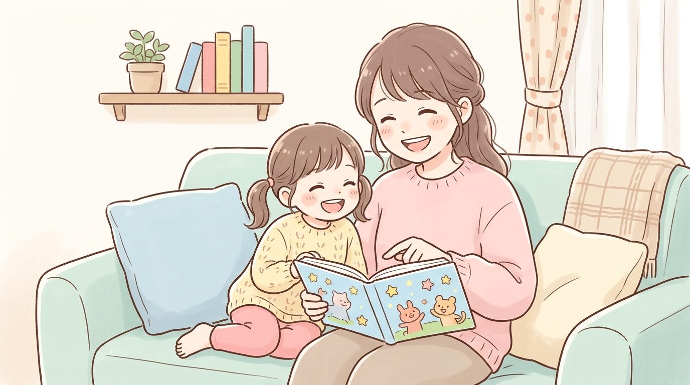 親子で笑いながら絵本を読んでいる、リラックスした室内のワンシーン