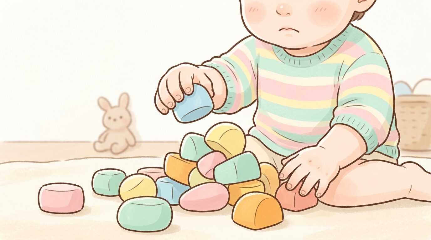 積み木を積もうとして倒れてしまい、少し困った表情を見せる2歳児の手元