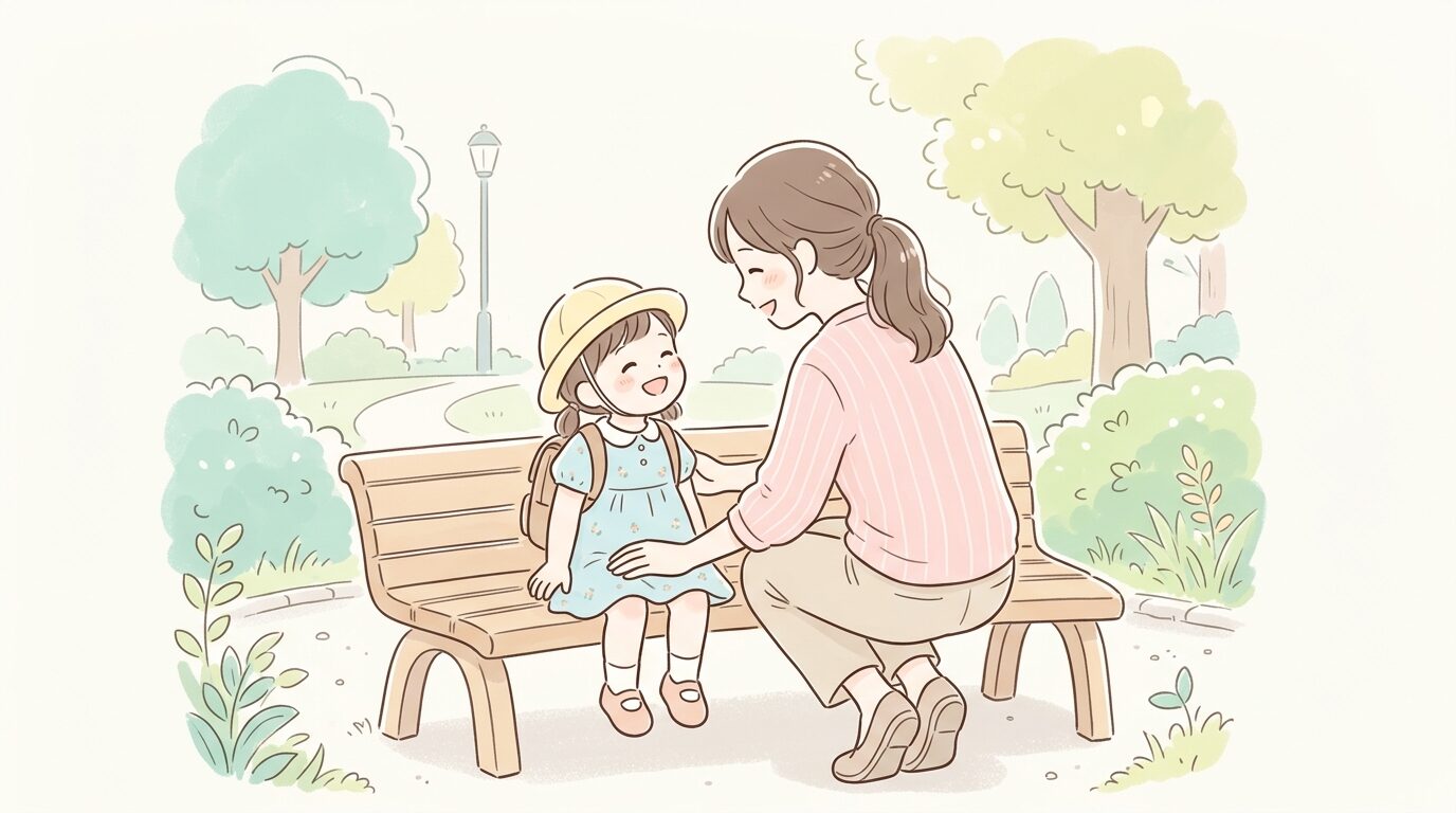公園のベンチで子どもと目線を合わせ、優しく話しかける母親の後ろ姿