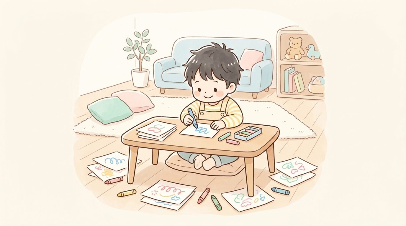 リビングでお絵かきに夢中になり、何度も紙に描き直している3歳くらいの子ども
