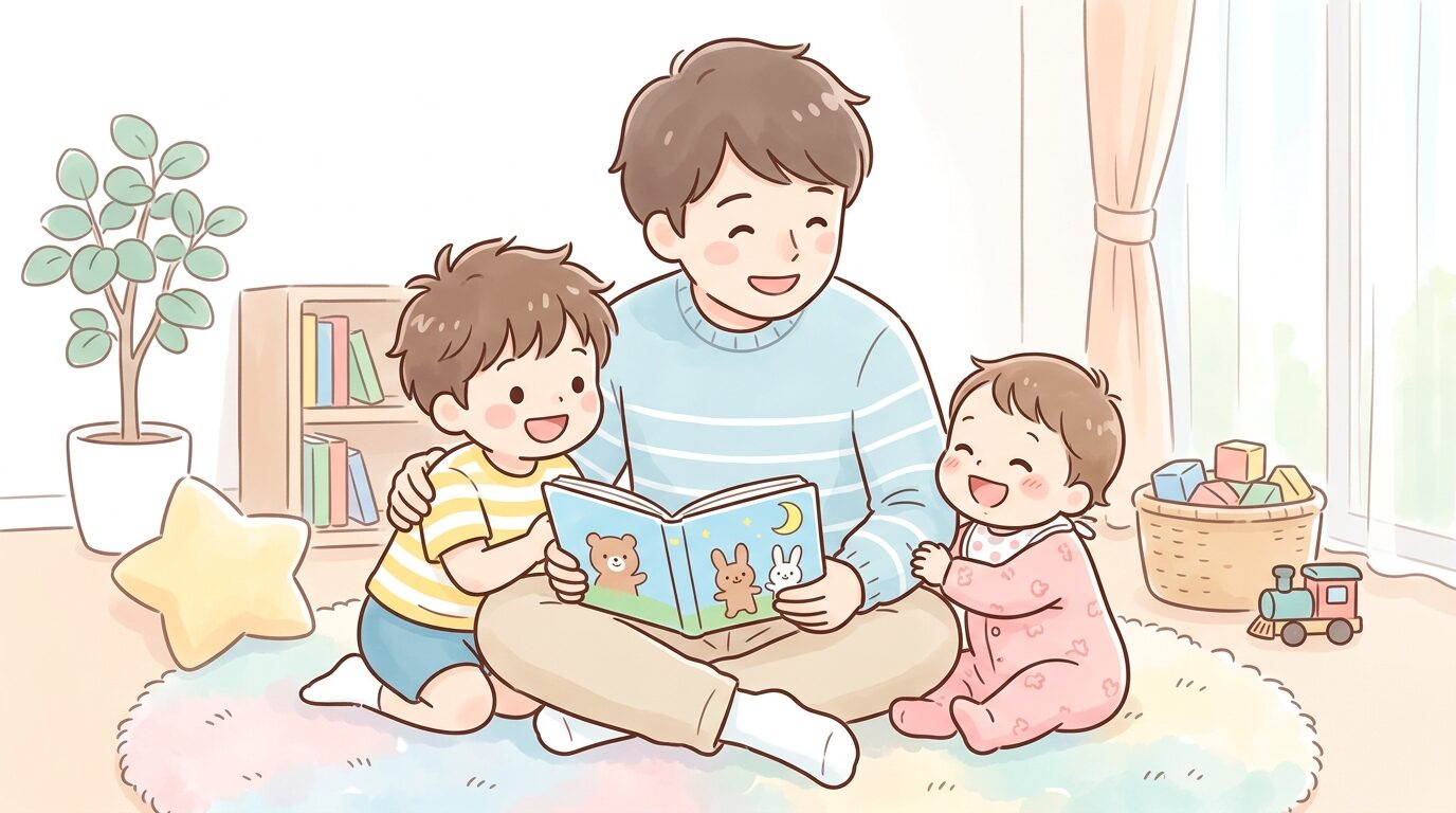 絵本を読み聞かせしながら3歳児と1歳児それぞれに笑顔で話しかける父親