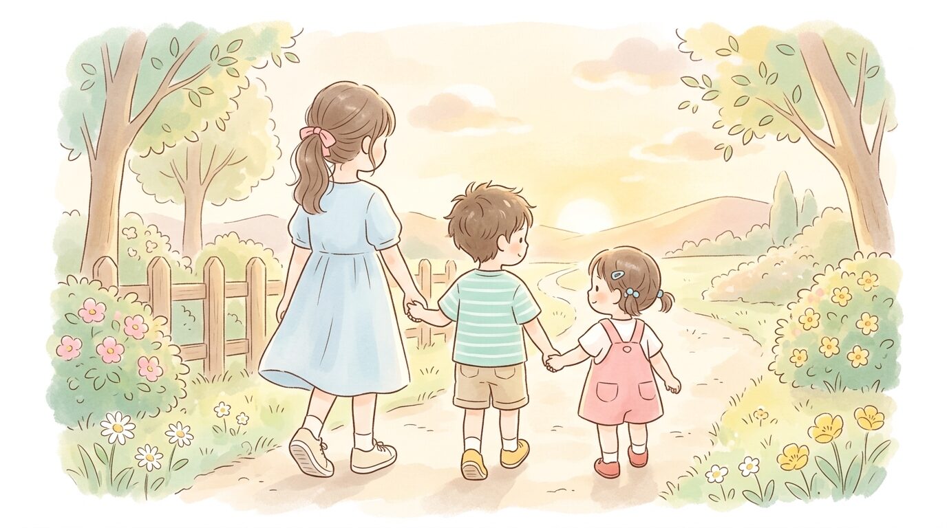 庭先で仲良く手をつないで歩く年の離れた兄弟姉妹の後ろ姿、夕方の柔らかい光