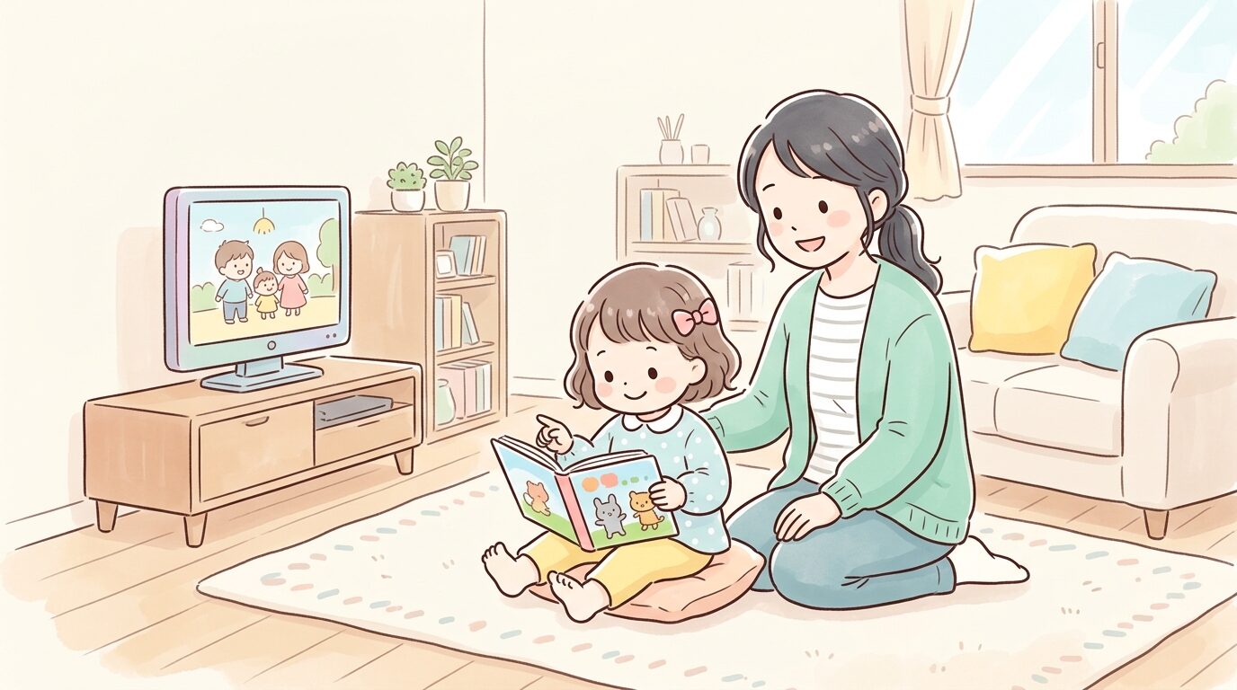 リビングでテレビから少し離れた場所に座り、絵本を読む2歳児と見守る母親の温かい様子