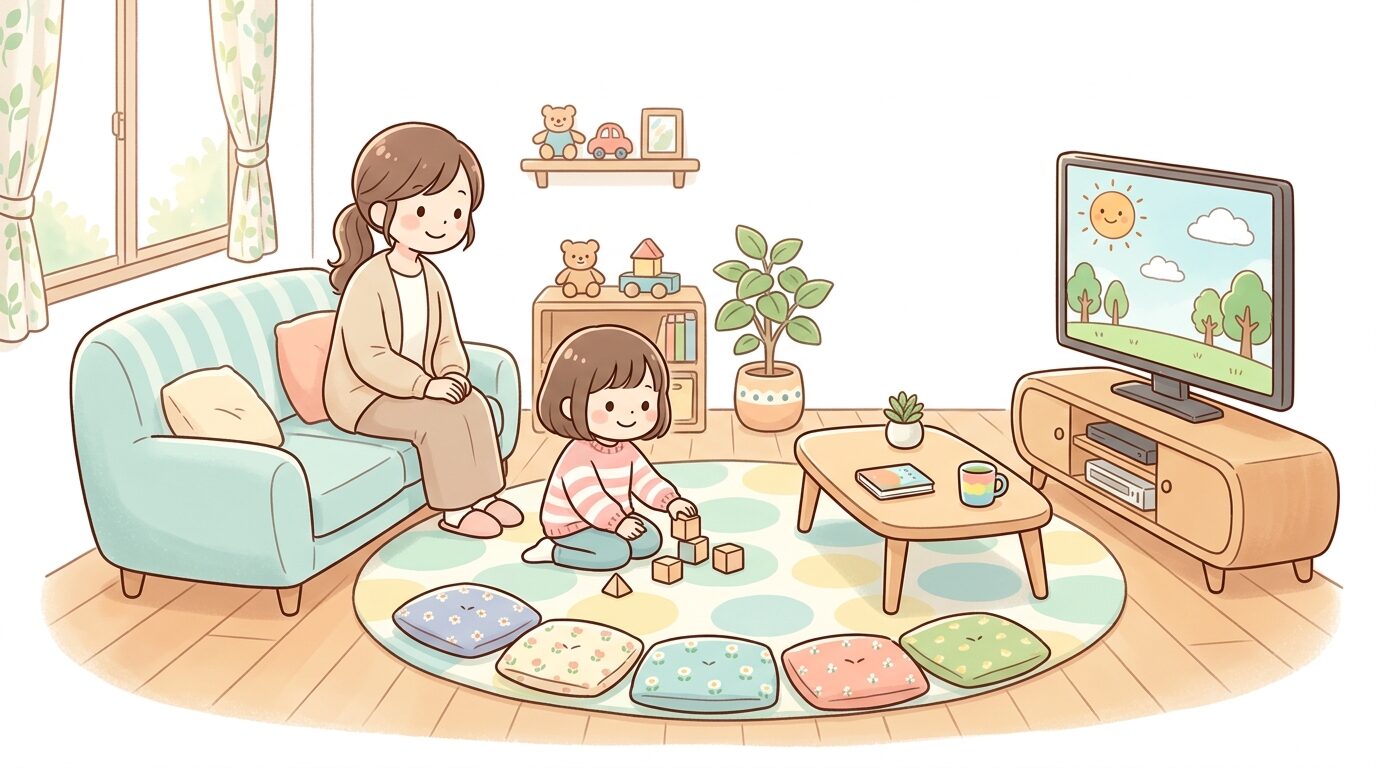 リビングのテレビとソファの間に置かれたローテーブルとラグ、子どもが安全な距離で座れる工夫がされた部屋