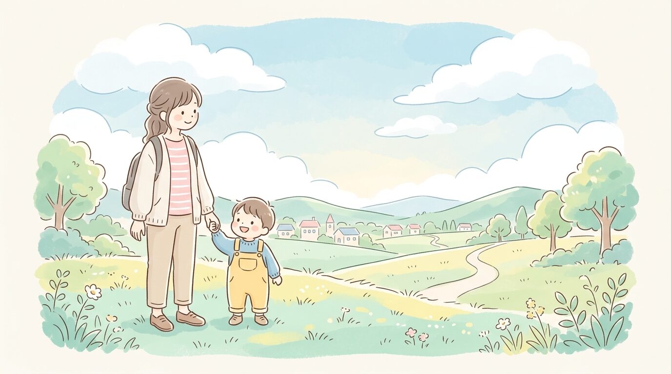 公園の芝生で親子が手をつないで遠くの景色を眺めている、穏やかな午後の光景