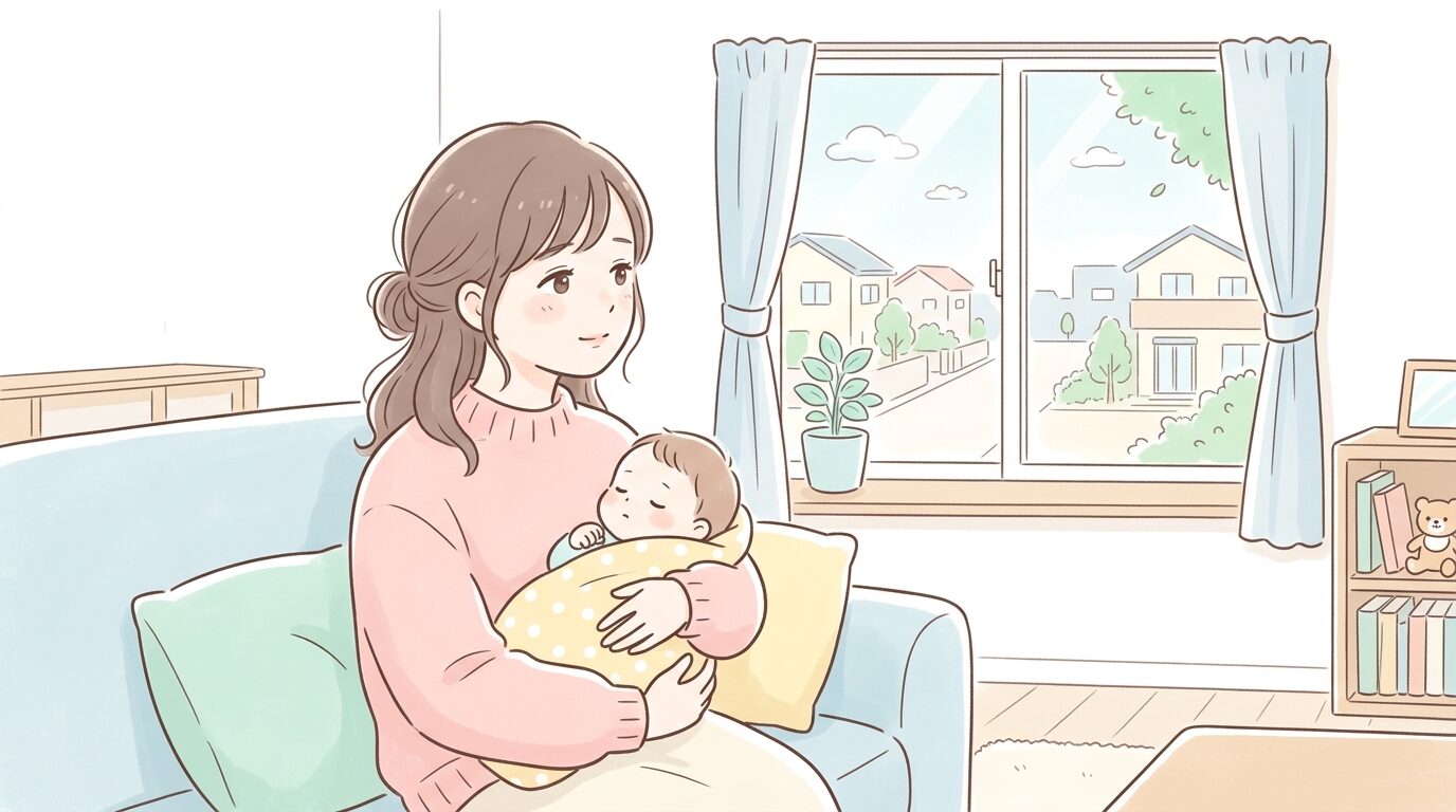 リビングで赤ちゃんを抱っこしながら窓の外を見つめる20代女性、少し疲れた表情だが温かい光が差し込む部屋