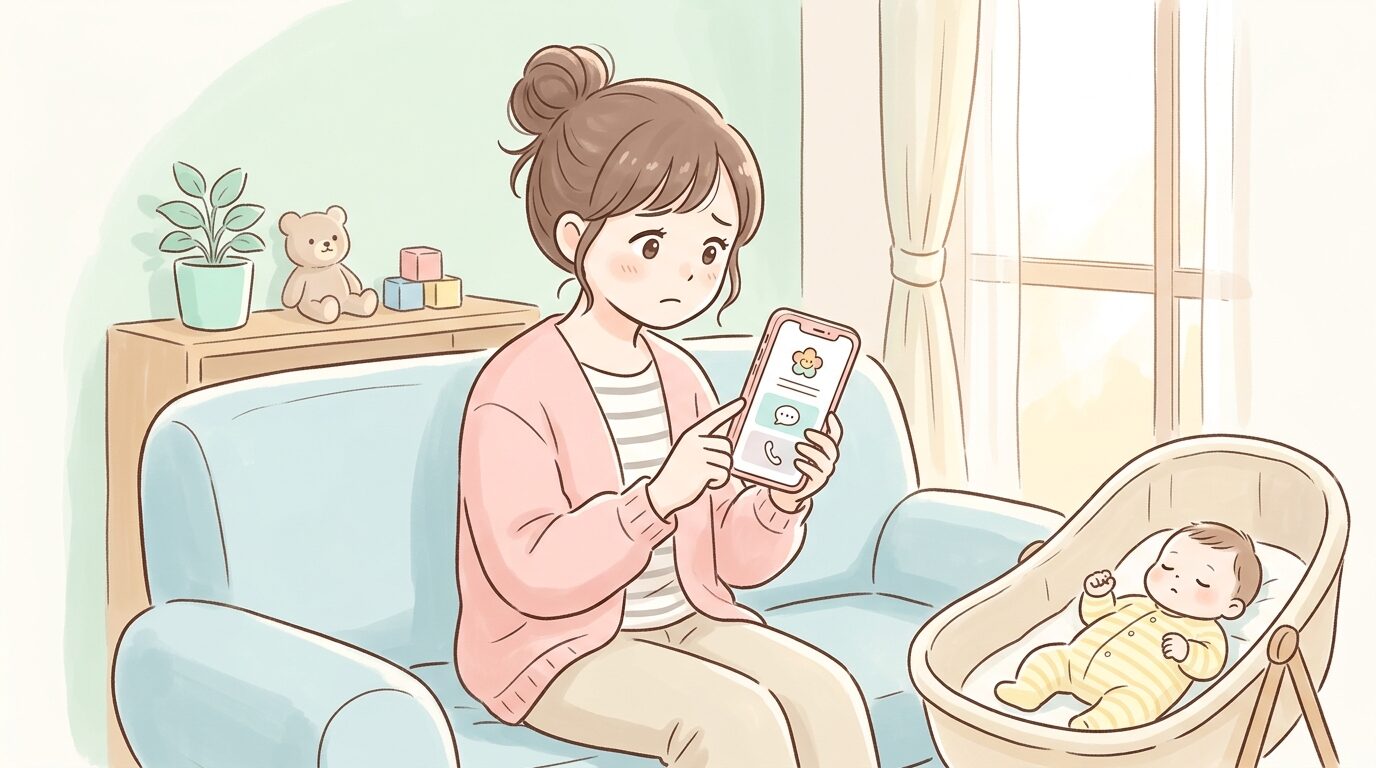 スマートフォンで自治体の子育て相談窓口の画面を見る不安げな表情の若い母親、柔らかい室内照明