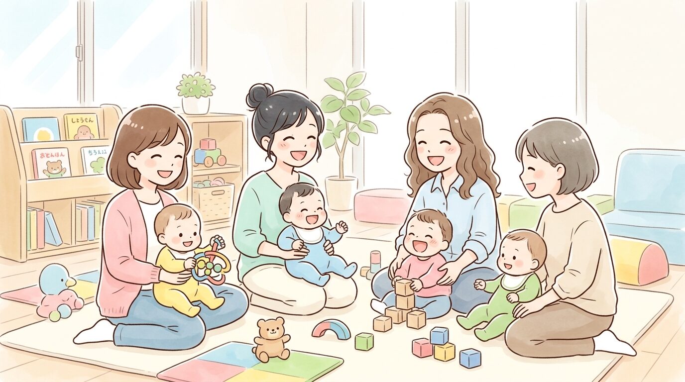 地域の子育て支援センターで他の親子と一緒に赤ちゃんを遊ばせながら微笑み合う複数の母親たち、明るい室内の様子