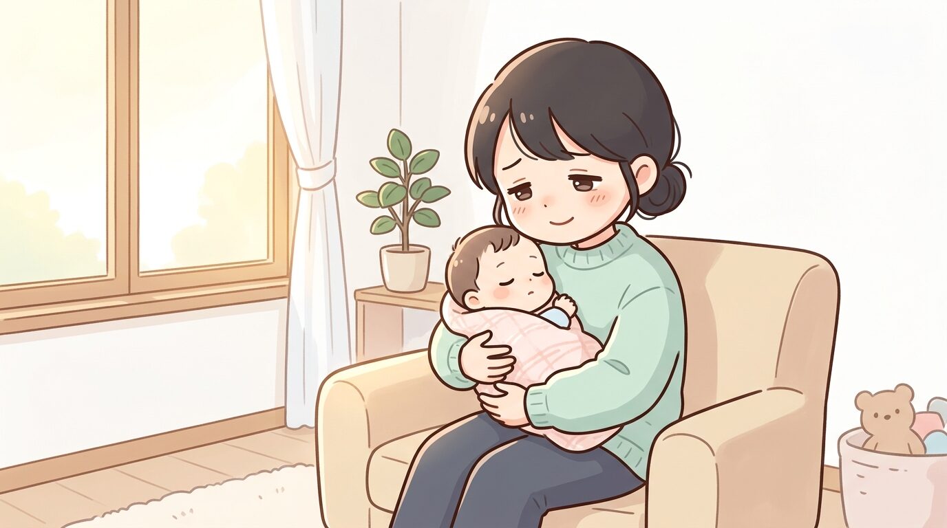 リビングで疲れた表情を見せながらも赤ちゃんを抱っこする30代前半の母親、窓から柔らかい午後の光が差し込む