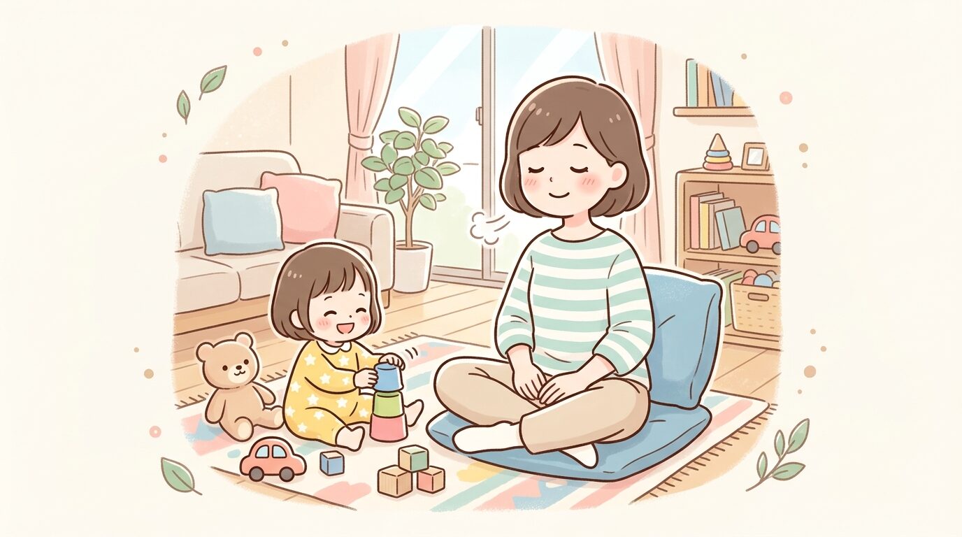 深呼吸をしながら目を閉じて気持ちを落ち着かせる母親と、そばで遊ぶ2歳くらいの子どものリビング風景