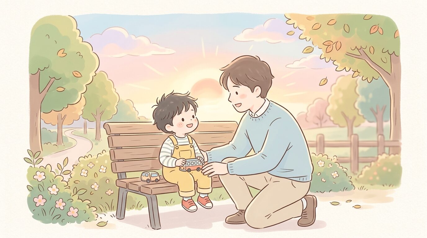 公園のベンチで子どもと目線を合わせて優しく話しかける父親、夕方の温かい光に包まれる情景