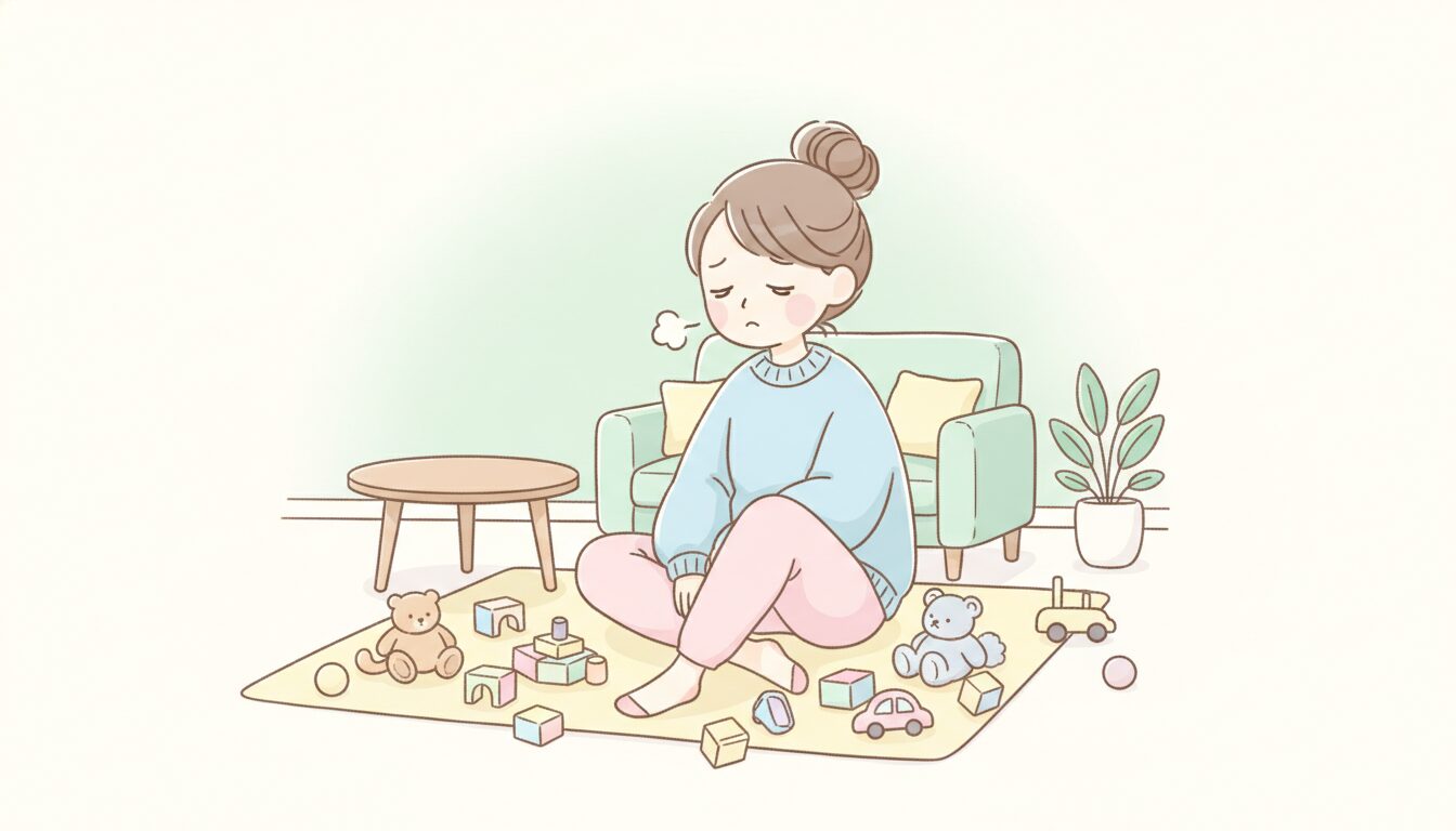 リビングで散らかったおもちゃに囲まれながら疲れた表情でため息をつく30代の母親