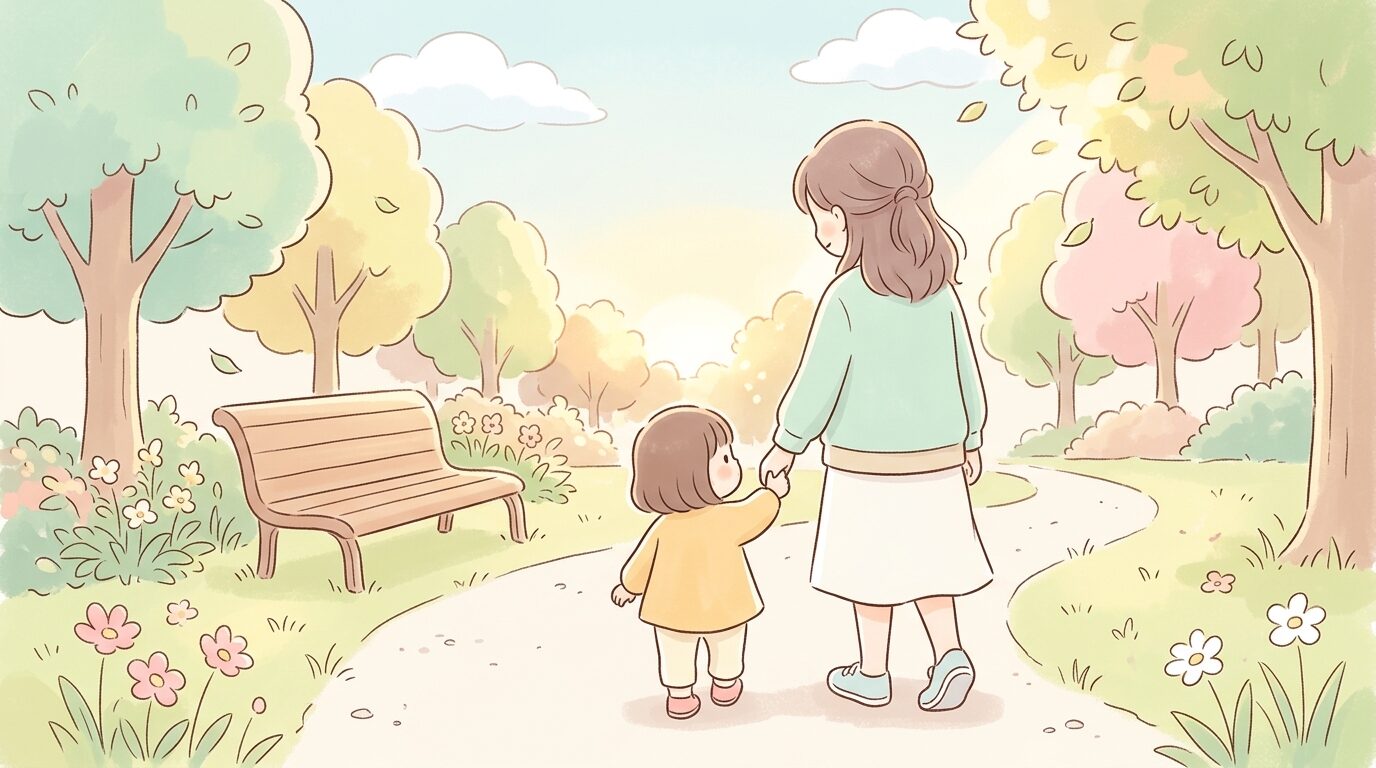 公園のベンチで穏やかな表情で幼児と手をつなぎ歩く親子の後ろ姿、柔らかい午後の光