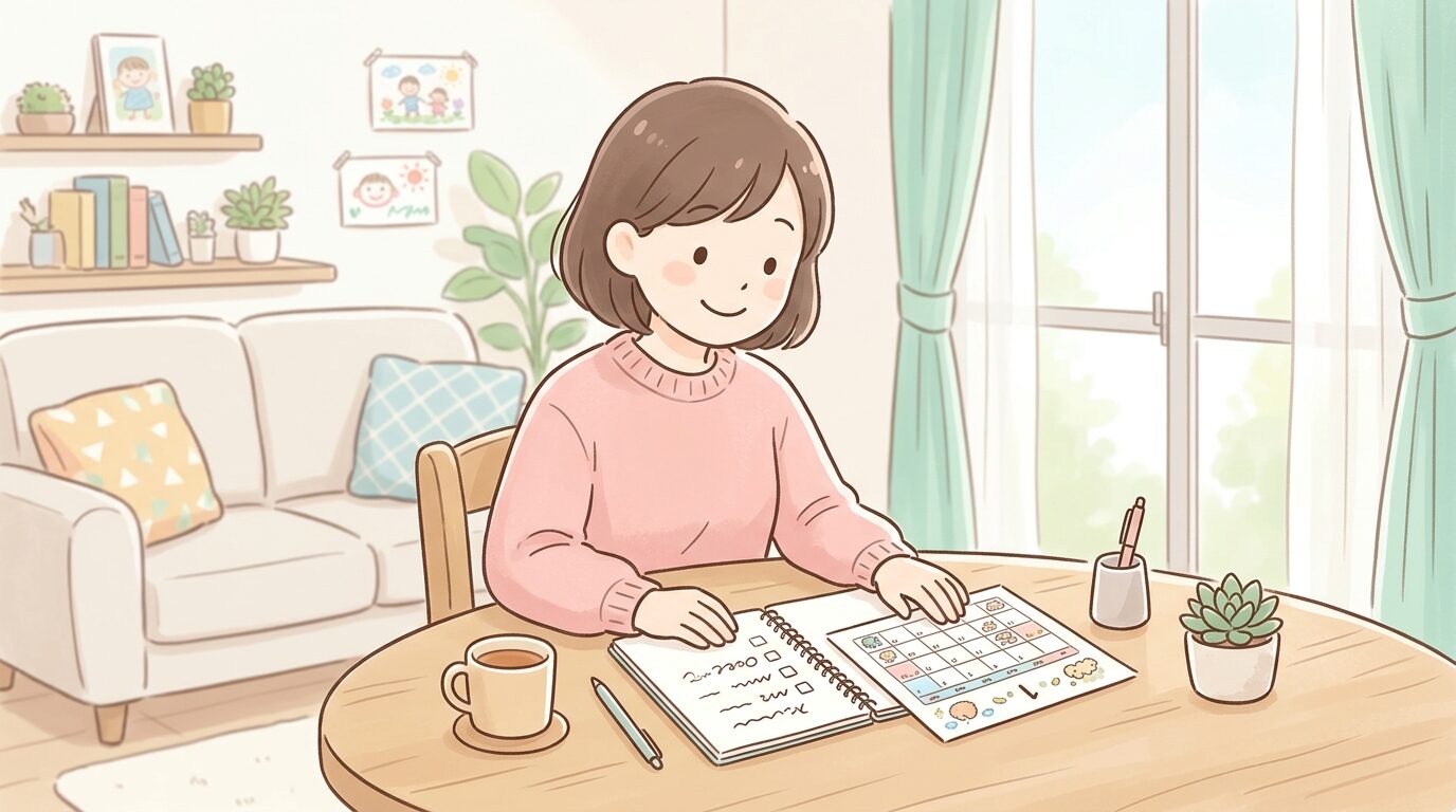 手書きのToDoリストとカレンダーを見ながら微笑む親、リビングのテーブルで穏やかな雰囲気