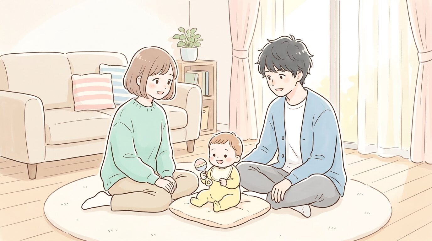 リビングで赤ちゃんを挟んで向き合い、優しい表情で話し合う若い夫婦