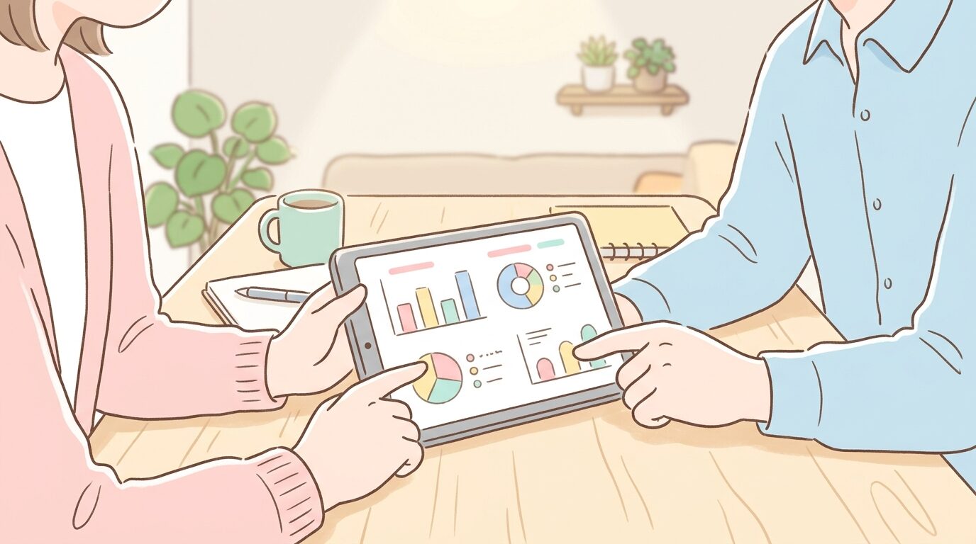 タブレットで育児の統計グラフを見ながら真剣に相談する夫婦の手元