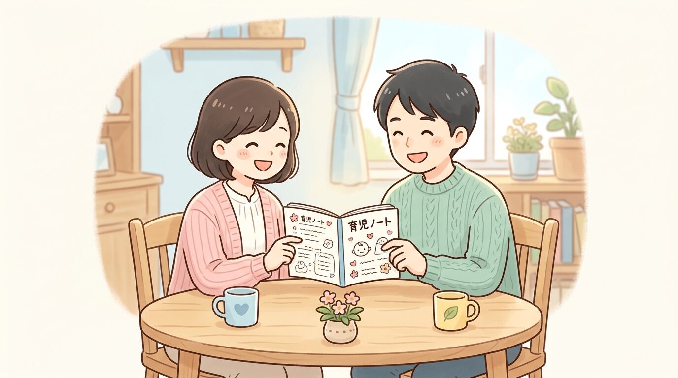 温かい照明のダイニングテーブルで笑顔を交えながら子育てノートを見せ合う夫婦
