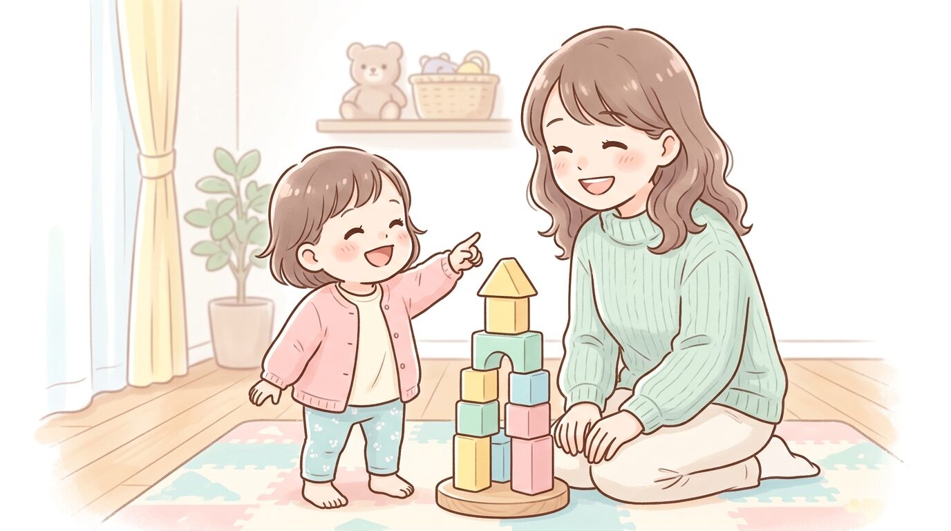 積み木で作った塔を指差しながら満面の笑顔で母親を見上げる1歳半の子ども