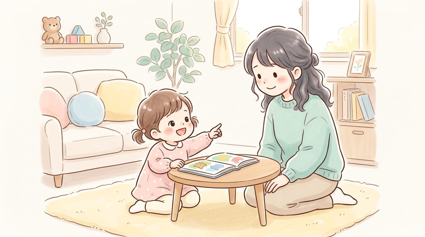 リビングで絵本を指差しながら母親に何かを伝えようとする2歳の女の子
