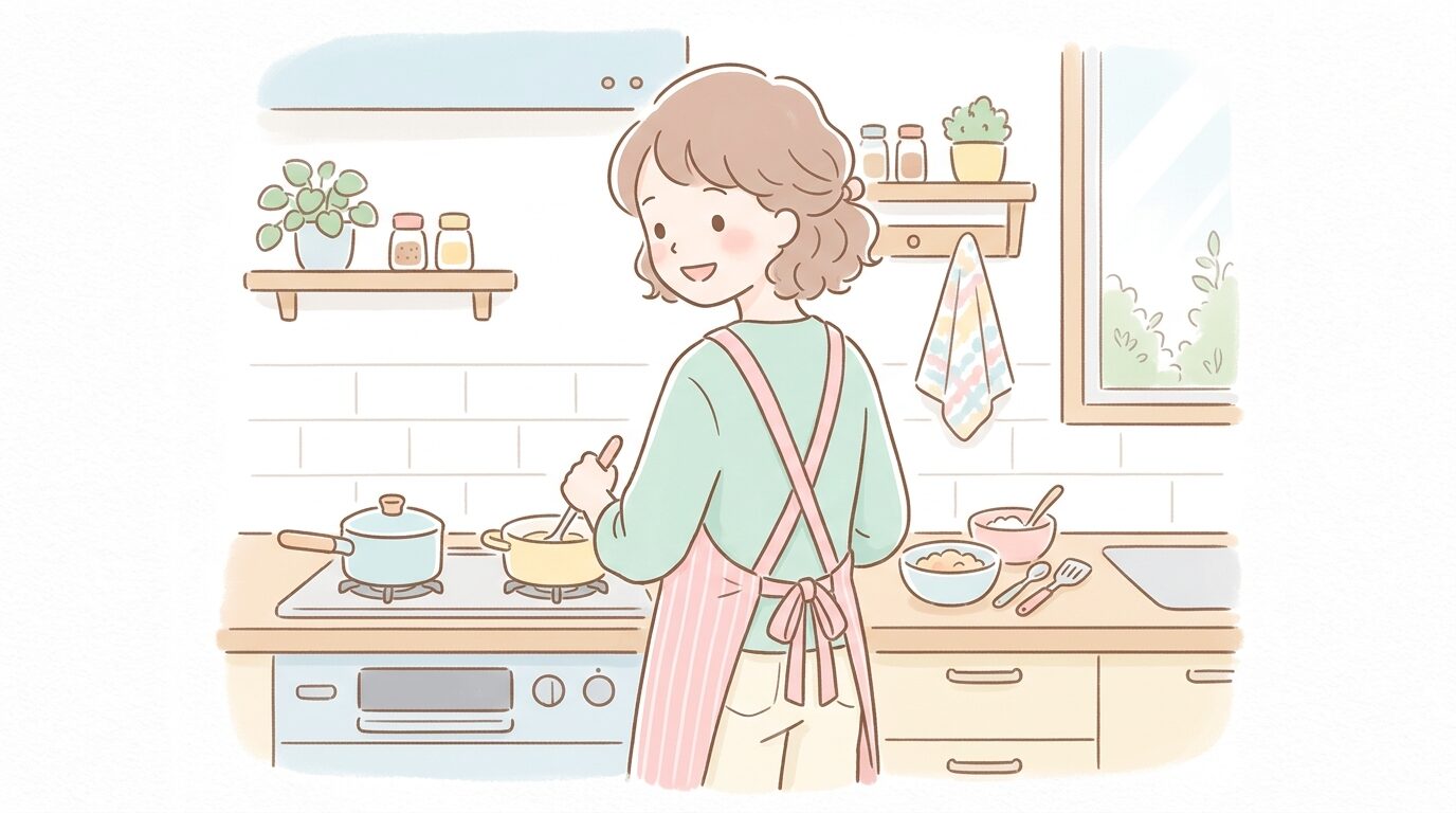 キッチンで料理をしながら振り返って子どもに笑顔で応える母親の後ろ姿