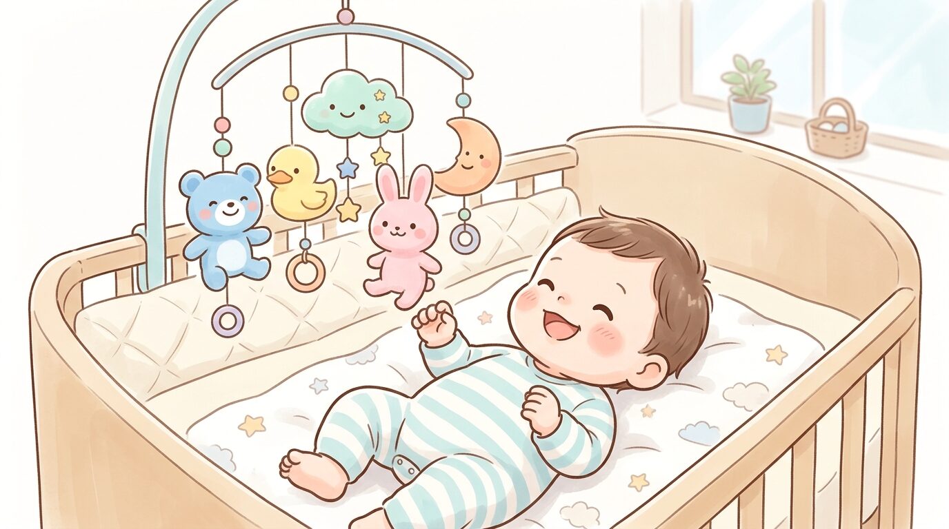 生後数か月の赤ちゃんがカラフルなキャラクターのメリーを見つめて笑っている様子