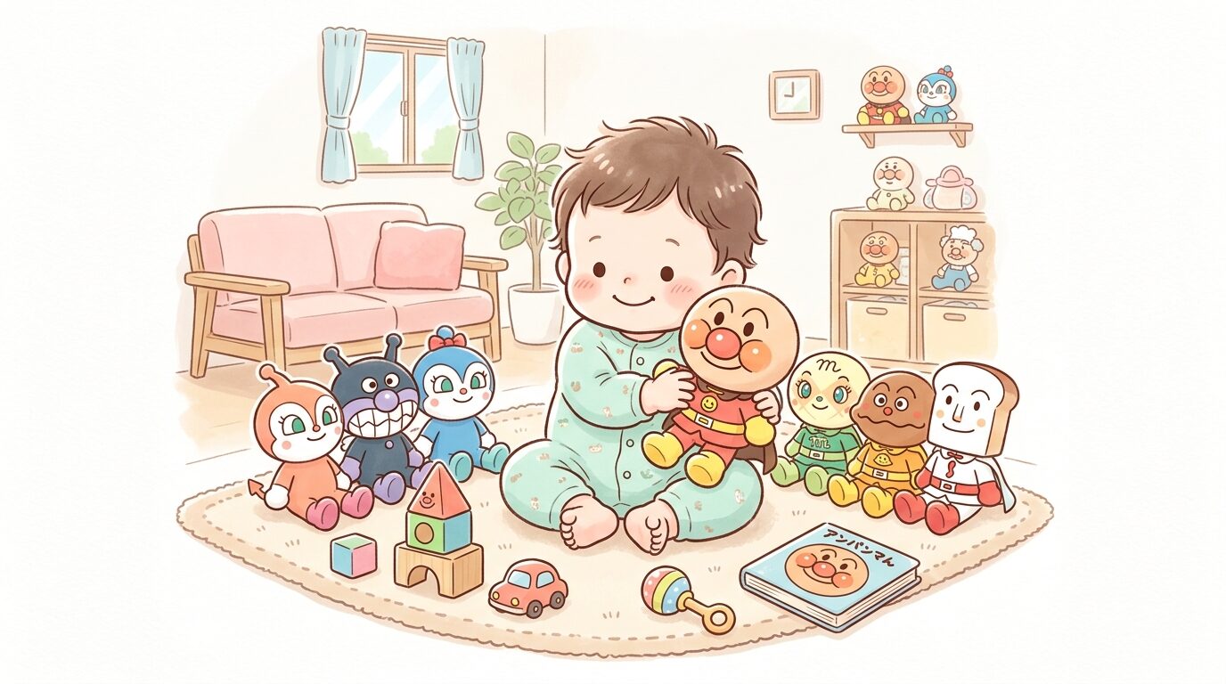 リビングでアンパンマンのぬいぐるみやおもちゃに囲まれて遊ぶ0歳児