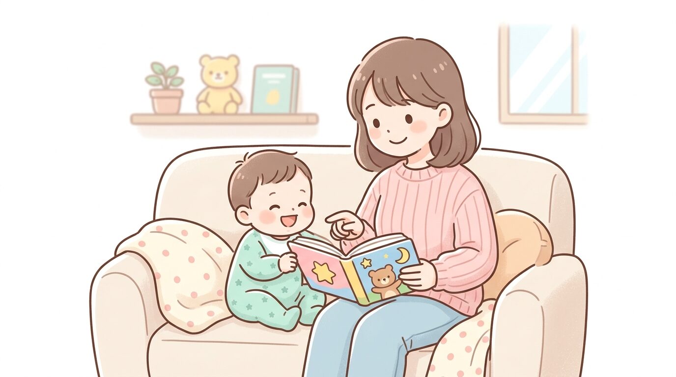 ソファに座って親子で絵本を読み聞かせしている温かい雰囲気のシーン
