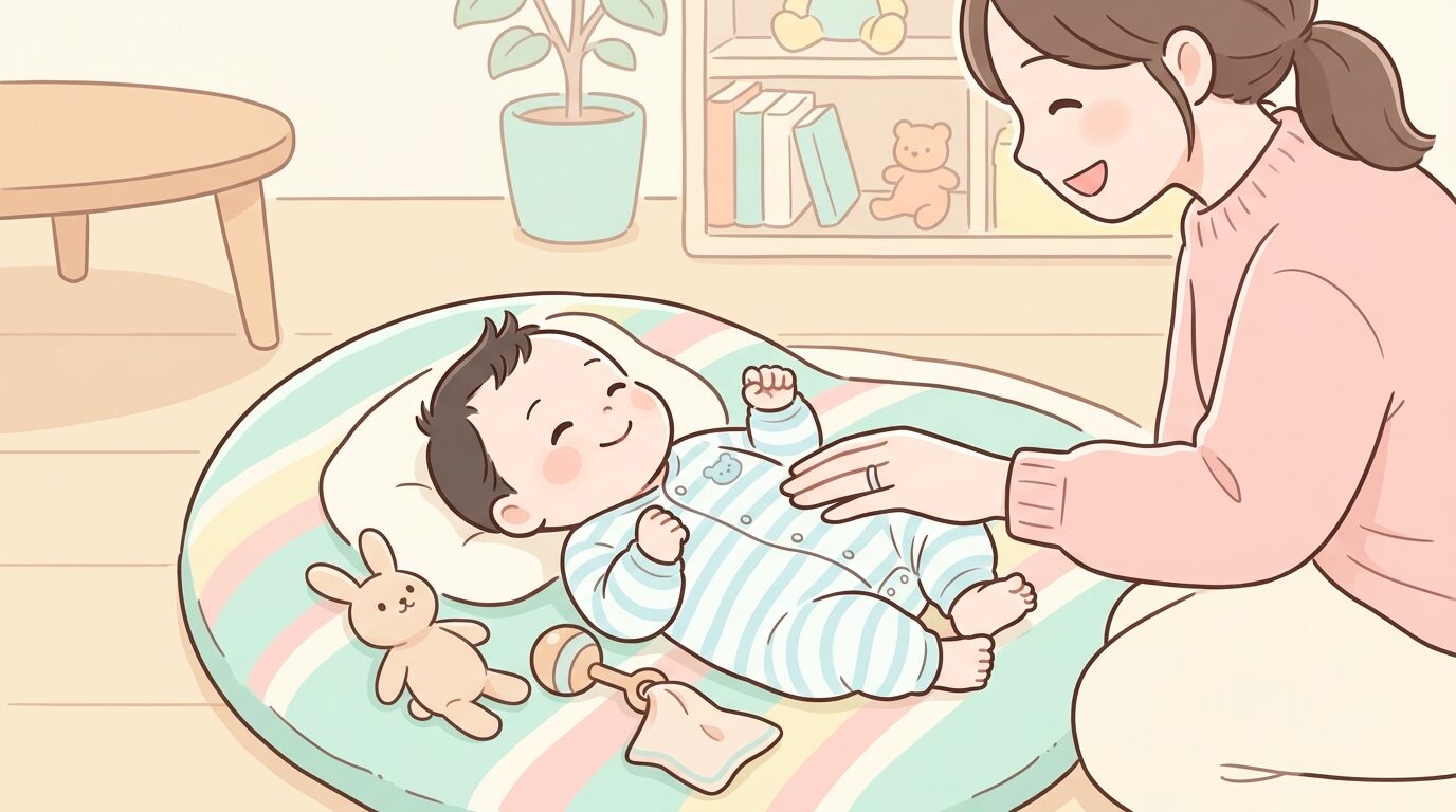 リビングの床でやわらかいマットの上に寝転ぶ生後2ヶ月の赤ちゃんと、優しく微笑みかける母親の手元