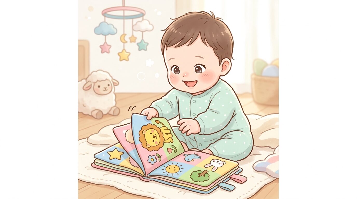 カラフルな布絵本を興味深そうに手でめくる生後7ヶ月ほどの赤ちゃんのアップ