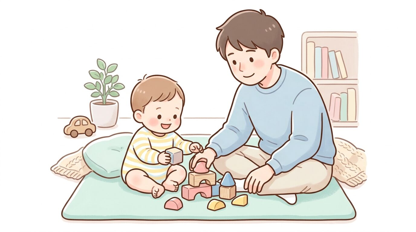 木製の安全な積み木で遊ぶ生後10ヶ月の赤ちゃんを見守る父親の様子