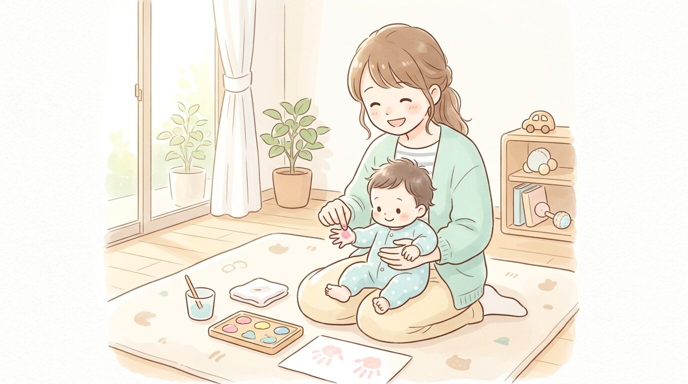 柔らかい光が差す室内で母親が赤ちゃんの小さな手のひらに優しく絵の具をつけている様子