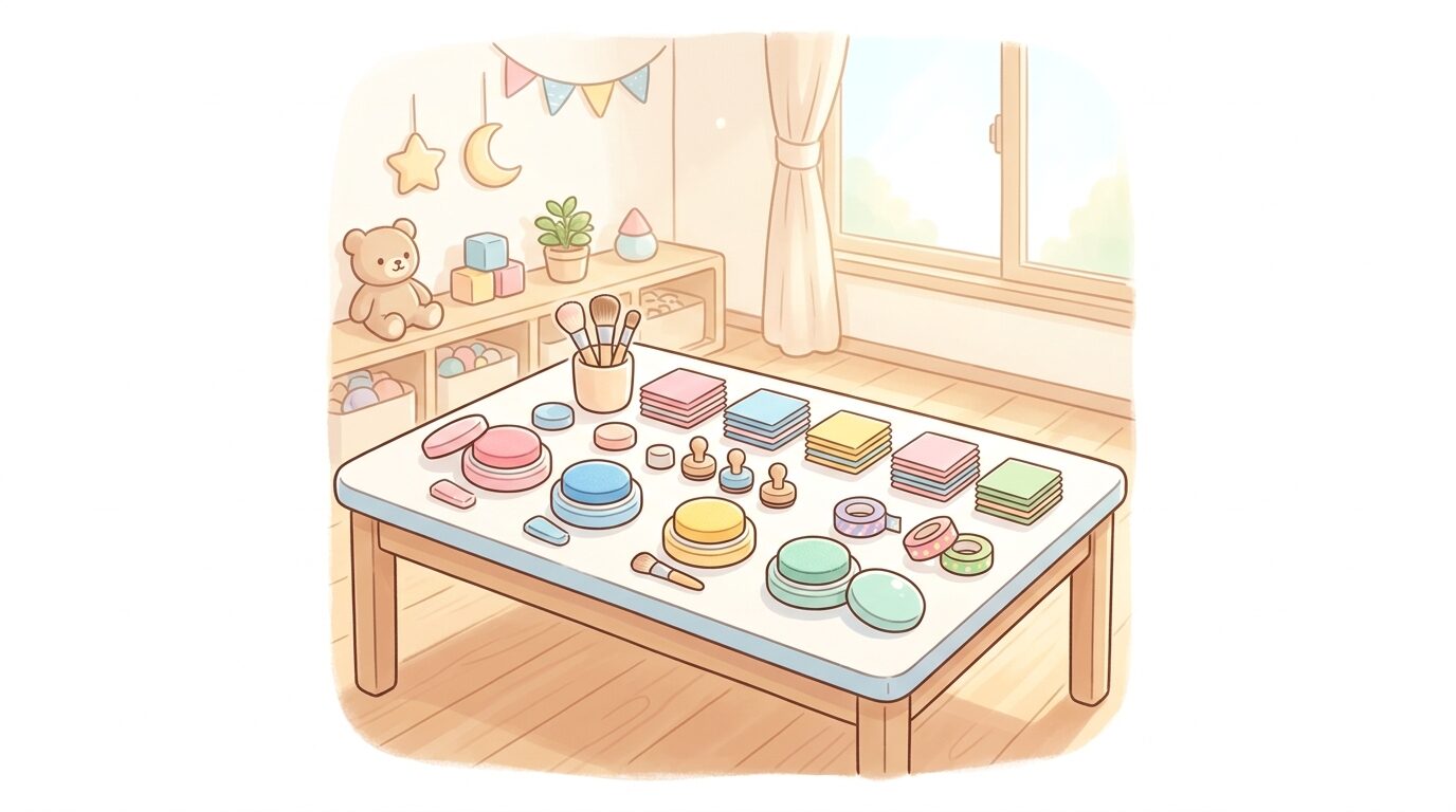 保育室のような明るい部屋で複数のスタンプ台や色紙を並べた製作準備の机