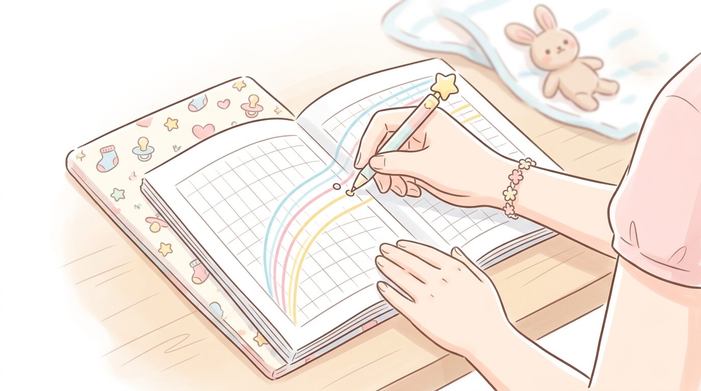 母子手帳の発育曲線グラフに赤ちゃんの頭囲を書き込む若い母親の手元