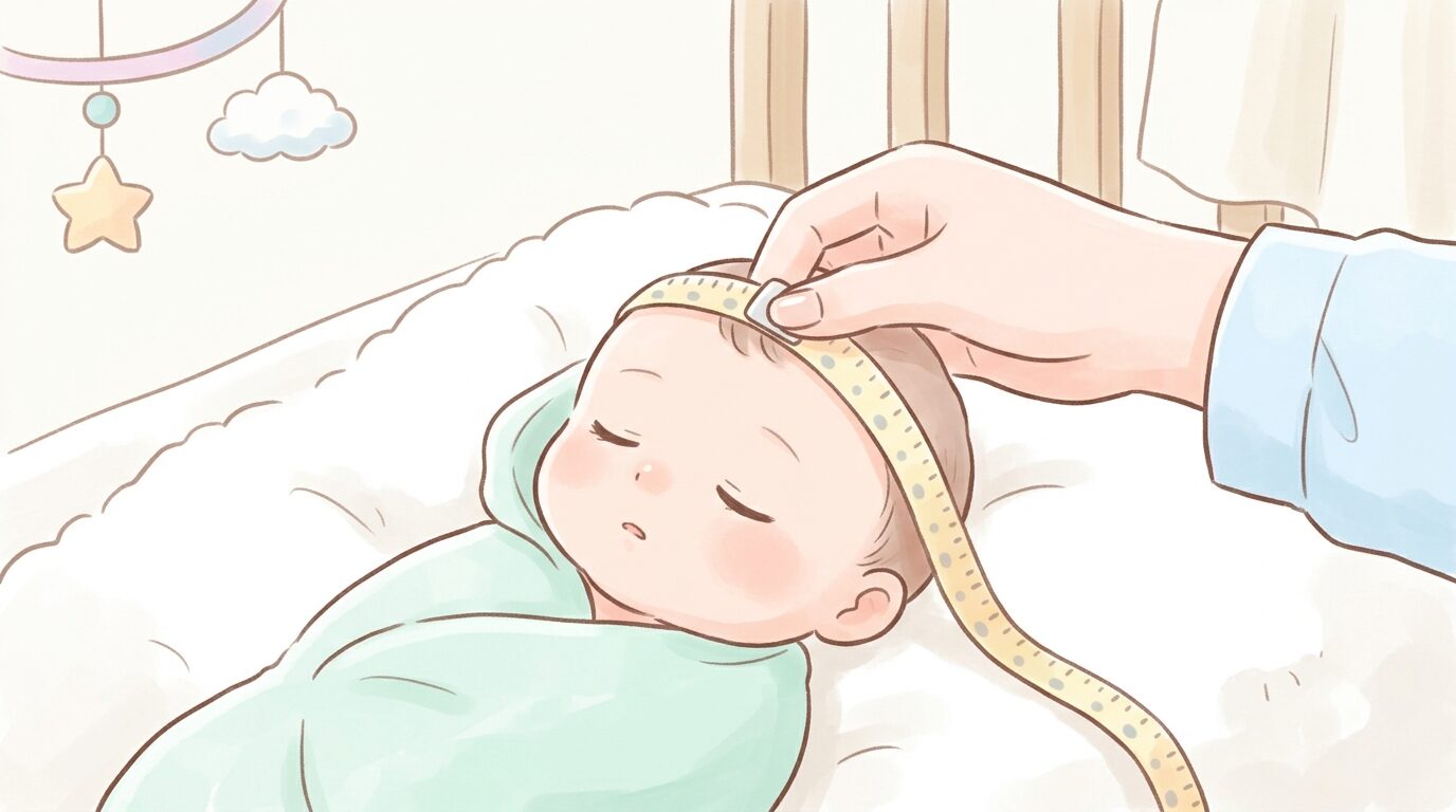 新生児の頭にメジャーをそっと当てて頭囲を測る看護師の手元